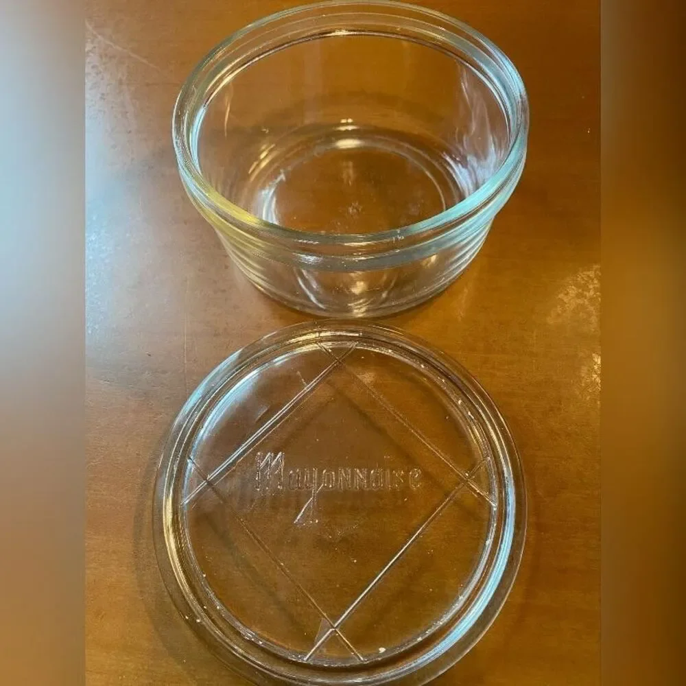 Vintage Unmarked Clear Pressed Glass Mayonnaise Bowl Lid Small Serving Dish 5X3